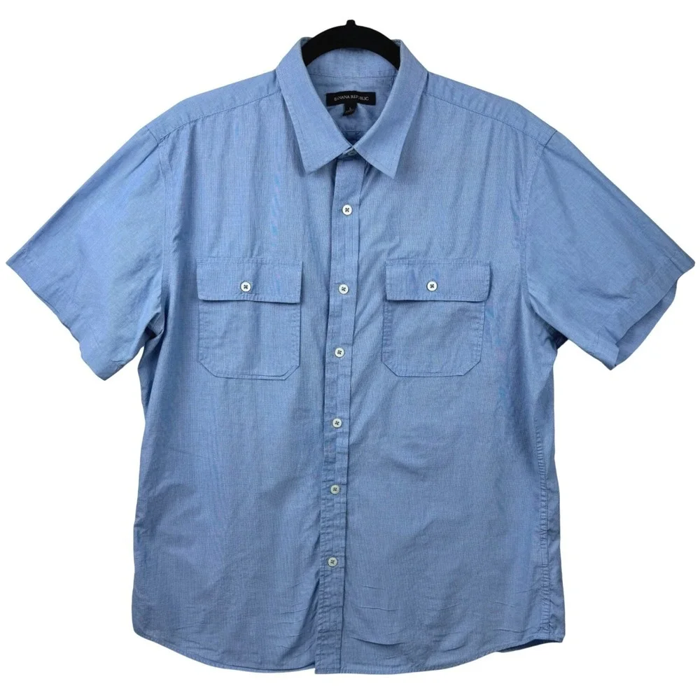 Banana Republic Shirt Men Large Blue Short Sleeve‎ Cotton Stretch Utility Casual